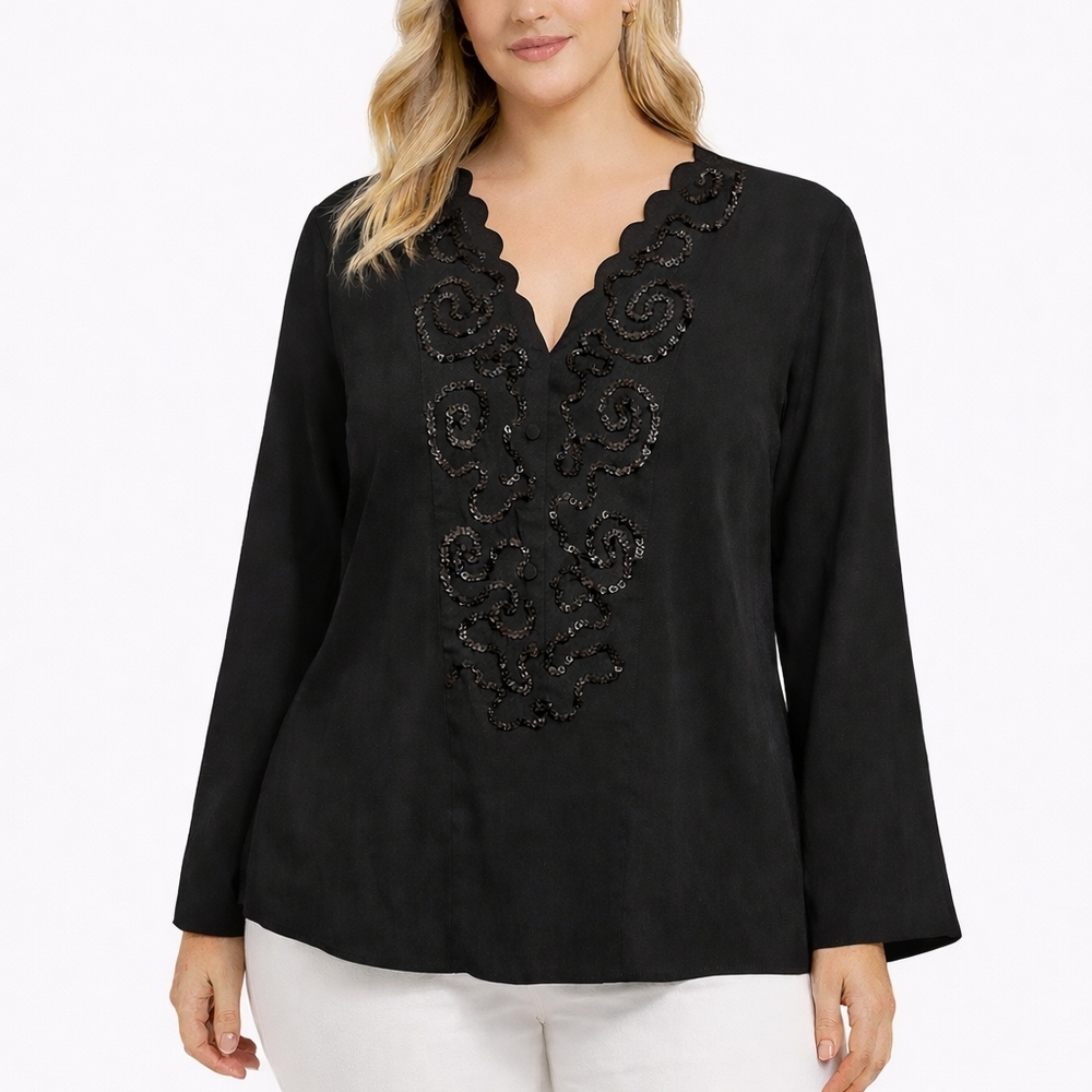 Martiniqué Black Sequin Swirl Embroidered Blouse Size 12